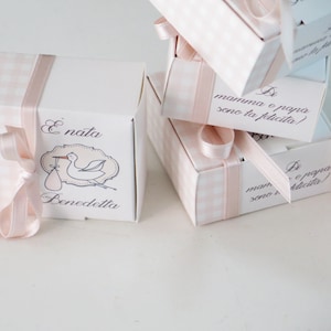 Bomboniera Nascita Cicogna Personalizzata | Scatola Porta Confetti Cubetto con Nome Data | Fatta a Mano con Nastro Raso | Regalo Originale