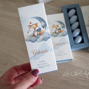 Set Set Scatola Portaconfetti Battesimo Volpe Personalizzata Bomboniera a Sfilo Elegante Bimbo Bimba Fox Packaging Già Montato Made in Italy