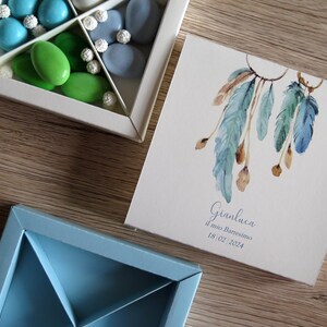 Bomboniera Battesimo Acchiappasogni Boho Personalizzata Scatola Porta Confetti Degustazione 4 Scomparti con Nome Data Stile Sognante Montata