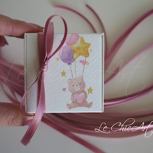 Bomboniera Nascita Orsetto | Scatola Porta Confetti Personalizzata quadrata con Nome | Tema Dolce Bimbo Bimba | Fatta a Mano con Nastro Raso