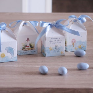 Scatoline Porta Confetti Battesimo Modello Lanterna 5x5x8cm | Set da Montare Tema Orsetto Marino | Bomboniera fai da te Nastro Raso