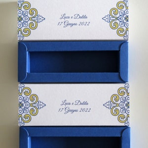 Scatole Portaconfetti Matrimonio Blu NAVY Avio Bomboniera Personalizzata a Sfilo maiolica Montata | Design Elegante Classico | Made in Italy