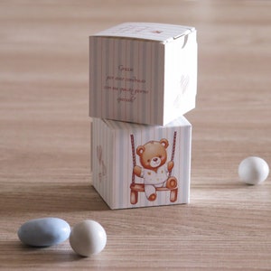 Scatoline Porta Confetti Battesimo 5x5x5cm | Set Cubetto Mongolfiera Orsetto Altalena| Bomboniera Già Assemblata per Nascita Baby Shower