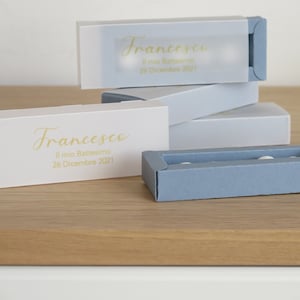 Bomboniera Battesimo Personalizzata Carta Zucchero Scatola Porta Confetti Sfilo Semitrasparente con Nome Data Stampa Giallo Ocra artigianale