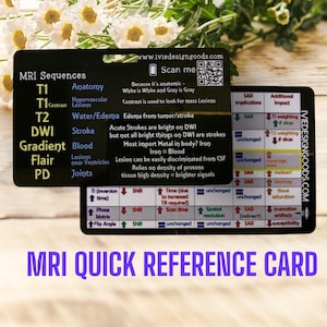 MRI Quick Reference Card / cheat sheet card - Beginner, Student, tech, rad tech, MRI tech