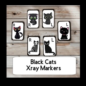 May include: A set of black cat X-ray markers with various cat illustrations. The markers are rectangular with rounded corners, featuring different cat poses and designs, including a skeleton cat. The text "Black Cats Xray Markers" is displayed on a white label.