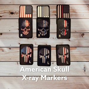 May include: A set of six black X-ray markers with an American flag and skull design. The markers are labeled with "R" and "L" for right and left. The text "American Skull X-ray Markers" is displayed below.