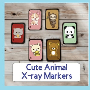May include: A collection of six rectangular X-ray markers featuring adorable cartoon animals: a cat, corgi, sloth, panda, bear, and another bear. Each marker has a different background color and a letter 'R' or 'L' to indicate right or left. The text "Cute Animal X-ray Markers" is displayed.