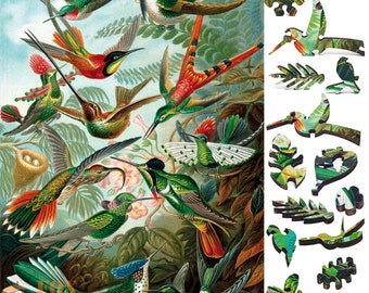 Wooden Jigsaw Puzzles for Adults with Uniquely Shaped Pieces - made in USA by FoxSmartBox - 145 Pieces - Hummingbirds (Trochilidae)