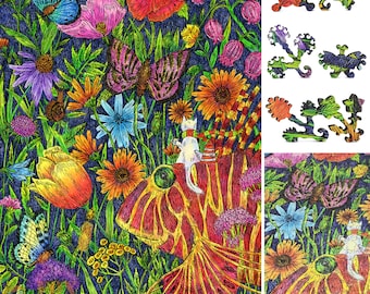 Wooden Jigsaw Puzzles for Adults with Uniquely Shaped Pieces - made in the USA by FoxSmartBox - 355 Pieces - Journey to the Flowerland