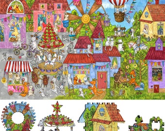 Wooden Jigsaw Puzzles for Adults - Uniquely Shaped Pieces - made in the USA by FoxSmartBox - 425 Pieces - Busy Town