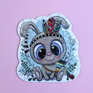 Wooden Jigsaw Puzzle for Adults and Kids Whimsy Details Printed directly on the Wood- 98 pieces- &quot;Funny Bunny&quot;.  No Paper, No Glue.