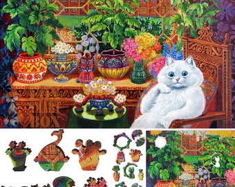 Wooden Jigsaw Puzzles for Adults with Uniquely Shaped Pieces - made in USA by FoxSmartBox - 275 Pieces - Cat in the Garden
