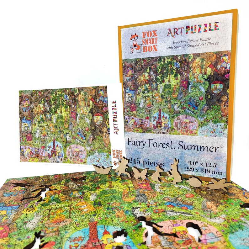 Wooden Jigsaw Puzzles for Adults with Uniquely Shaped Pieces - made in USA by FoxSmartBox - 245 Pieces - Fairy Forest. Summer image 7