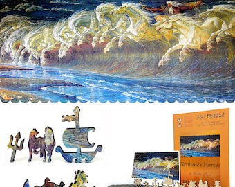 May include: A wooden jigsaw puzzle depicting a painting of Neptune's Horses by Walter Crane. The puzzle is made up of uniquely shaped pieces and comes in a box with a smaller image of the puzzle on the front. The box also includes the title "Neptune's Horses" and the artist's name.