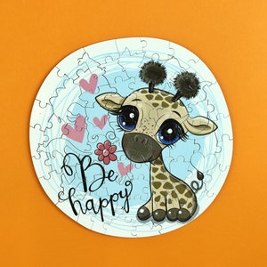 Wooden Jigsaw Puzzle for Adults and Kids Whimsy Details Printed directly on the Wood - 81 pieces- &quot;Happy Giraffe&quot;. No Paper, No Glue.
