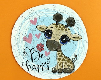 Wooden Jigsaw Puzzle for Adults and Kids Whimsy Details Printed directly on the Wood - 81 pieces- "Happy Giraffe". No Paper, No Glue.