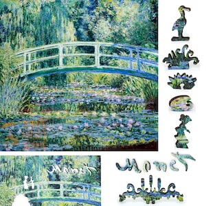 Wooden Jigsaw Puzzles for Adults with Uniquely Shaped Pieces - made in USA by FoxSmartBox - 210 Pieces - Water Lilies and Japanese Bridge