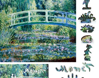 Wooden Jigsaw Puzzles for Adults with Uniquely Shaped Pieces - made in USA by FoxSmartBox - 210 Pieces - Water Lilies and Japanese Bridge