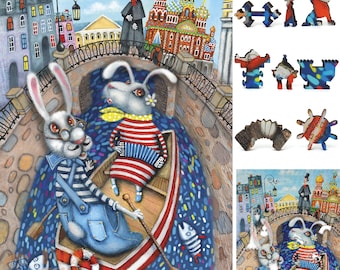 Wooden Jigsaw Puzzles for Adults with Uniquely Shaped Pieces - made in the USA by FoxSmartBox - 405 Pieces - Lovers on the River