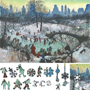 Wooden Jigsaw Puzzles for Adults with Uniquely Shaped Pieces - made in USA by FoxSmartBox - 370 Pieces - Skating in Central Park
