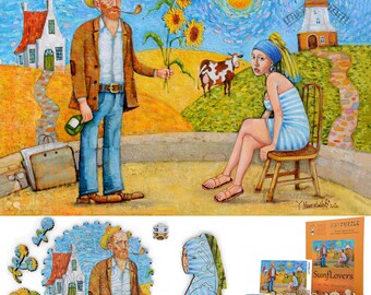 May include: A painting of two figures, a man with a beard and a woman with a blue turban, standing in a field with sunflowers. The man is holding a bouquet of sunflowers and a bottle of wine. The woman is sitting on a chair. There is a windmill in the background. The painting is titled "Sunflowers" and is by the artist Y. Homeniuk.