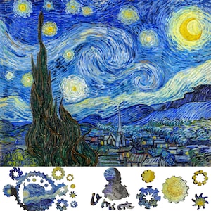 Wooden Jigsaw Puzzles for Adults - Uniquely Shaped Pieces - made in the USA by FoxSmartBox - 225 Pieces - The Starry Night