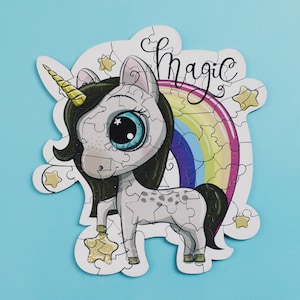 Wooden Jigsaw Puzzle for Adults and Kids Whimsy Details Printed directly on the Wood- 54 pieces- &quot;Magic Unicorn&quot;.  No Paper, No Glue.