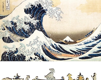 Wooden Jigsaw Puzzles for Adults with Uniquely Shaped Pieces - made in USA by FoxSmartBox - 205 Pieces - The Great Wave off Kanagawa