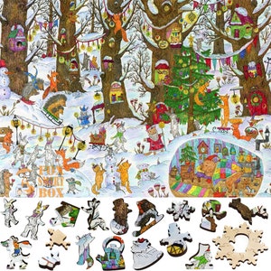 Holzpuzzle für Erwachsene mit einzigartig geformten Teilen - made in den USA von FoxSmartBox - 434 Teile - Fairy Forest. Winter