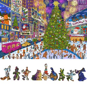 Wooden Jigsaw Puzzles for Adults - Uniquely Shaped Pieces - made in the USA by FoxSmartBox - 465 Pieces - New York Holiday Lights