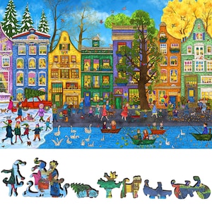 Wooden Jigsaw Puzzles for Adults - Uniquely Shaped Pieces - made in the USA by FoxSmartBox - 460 Pieces - European Street in Four Seasons