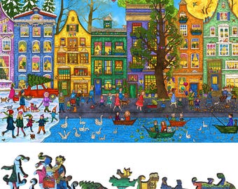 Wooden Jigsaw Puzzles for Adults - Uniquely Shaped Pieces - made in the USA by FoxSmartBox - 460 Pieces - European Street in Four Seasons