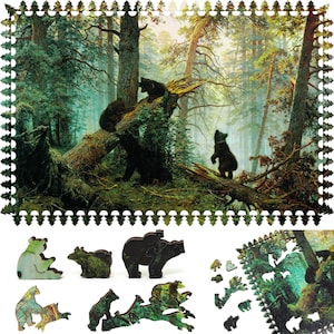 Wooden Jigsaw Puzzles for Adults with Uniquely Shaped Pieces - made in USA by FoxSmartBox - 390 Pieces - Morning in a Pine Forest
