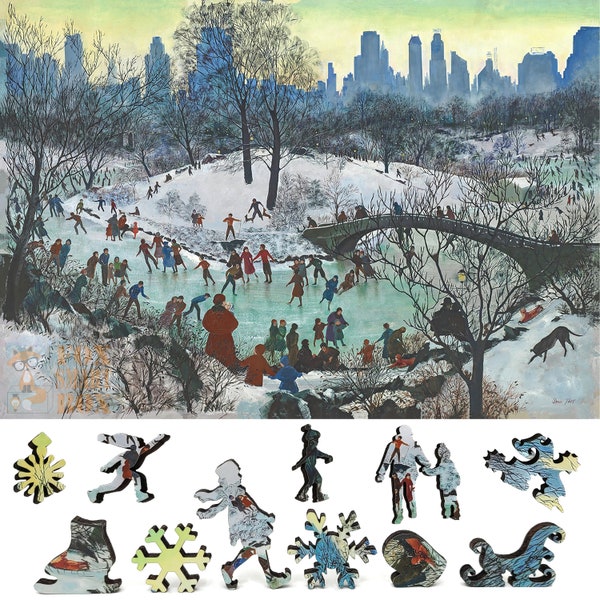 Wooden Jigsaw Puzzles for Adults with Uniquely Shaped Pieces - made in USA by FoxSmartBox - 180 Pieces - Skating in Central Park