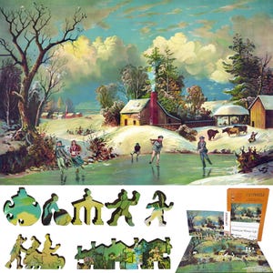 Wooden Jigsaw Puzzles for Adults - Uniquely Shaped Pieces - made in the USA by FoxSmartBox - 212 Pieces - American Winter Life