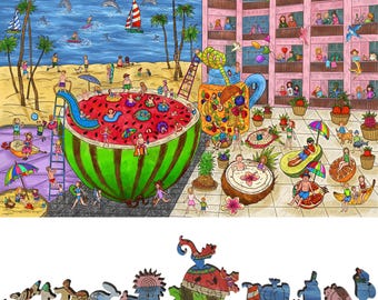 Wooden Jigsaw Puzzles for Adults - Uniquely Shaped Pieces - Made in the USA by FoxSmartBox - 480 Pieces - The Watermelon Pool