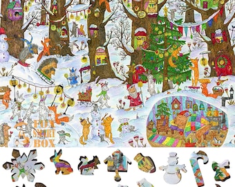 Wooden Jigsaw Puzzles for Adults with Uniquely Shaped Pieces - made in USA by FoxSmartBox - 245 Pieces - Fairy Forest. Winter