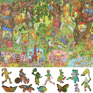 May include: A colorful illustration of a whimsical forest scene with animals, houses, and trees. The illustration is made up of various shades of green, blue, red, yellow, and brown. The illustration is perfect for a children's book or a nursery.