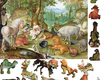 Wooden Jigsaw Puzzles for Adults with Uniquely Shaped Pieces - made in USA by FoxSmartBox - 390 Pieces - Orpheus charming the animals