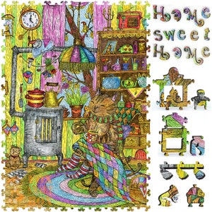 Wooden Jigsaw Puzzles for Adults - Uniquely Shaped Pieces - made in the USA by FoxSmartBox - 350 Pieces - Home, Sweet Home