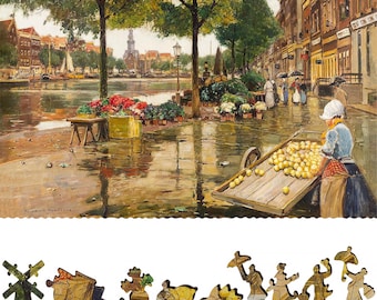 Wooden Jigsaw Puzzles for Adults - Uniquely Shaped Pieces - Made in the USA by FoxSmartBox - 465 Pieces - Flower Market in Amsterdam