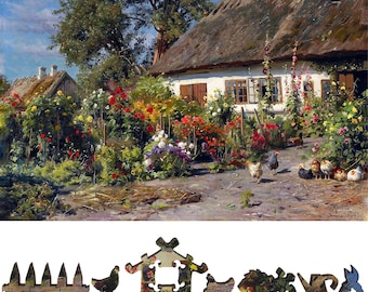 Wooden Jigsaw Puzzles for Adults - Uniquely Shaped Pieces - made in the USA by FoxSmartBox - 400 Pieces - A Cottage Garden with Chickens