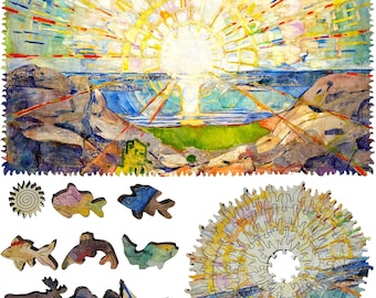 May include: A wooden jigsaw puzzle featuring a colorful abstract painting of a sunrise over a body of water. The puzzle includes a variety of shapes, including fish, a camel, a moose, and a bird. The puzzle is made of high-quality wood and is perfect for adults and children.