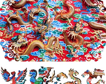 Wooden Jigsaw Puzzles for Adults with Uniquely Shaped Pieces - made in USA by FoxSmartBox - 290 Pieces - Mystery of The Golden Dragon