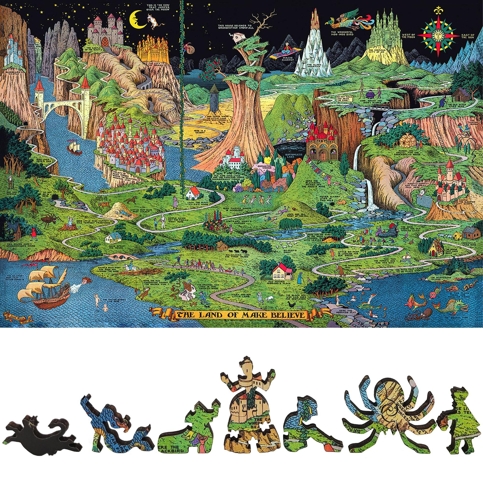 Wooden Jigsaw Puzzles for Adults - Uniquely Shaped Pieces - made in the USA by FoxSmartBox - 454 Pieces - The Land of Make Believe