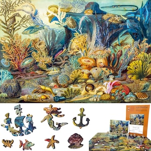 Wooden Jigsaw Puzzles for Adults - Uniquely Shaped Pieces - made in the USA by FoxSmartBox - 444 Pieces - Ocean Life