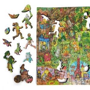 May include: A colorful wooden jigsaw puzzle with a whimsical illustration of a woodland scene. The puzzle pieces are shaped like animals, people, and objects. The puzzle is partially assembled, with some pieces missing. The puzzle is set against a white background.