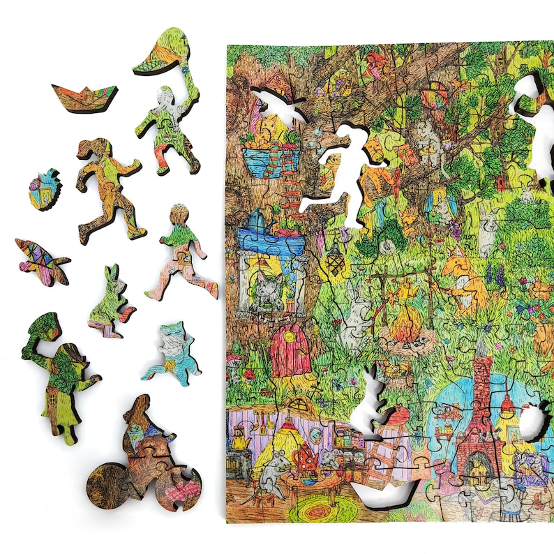 May include: A colorful wooden jigsaw puzzle with a whimsical illustration of a woodland scene. The puzzle pieces are shaped like animals, people, and objects. The puzzle is partially assembled, with some pieces missing. The puzzle is set against a white background.