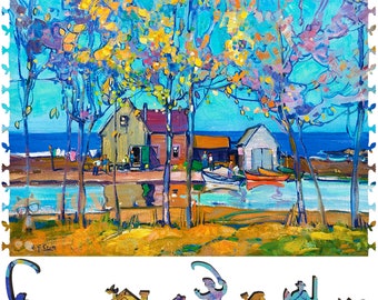 Wooden Jigsaw Puzzles for Adults - Uniquely Shaped Pieces - made in the USA by FoxSmartBox - 255 Pieces - Fishermen's Cottages